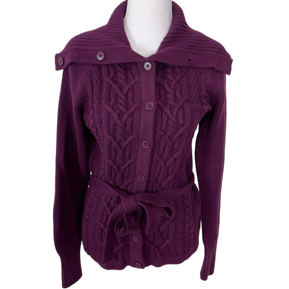 Talbots Angora Blend Plum Turtle Neck Cable Knit Button Down Cardigan (S) - Picture 1 of 14